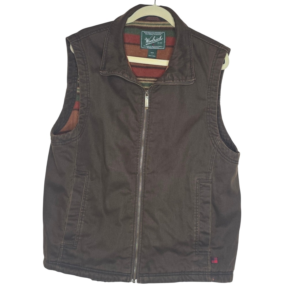 Woolrich‎ Vintage Mens Brown Canvas Fleece Lined Full Zip Workwear Vest Size L